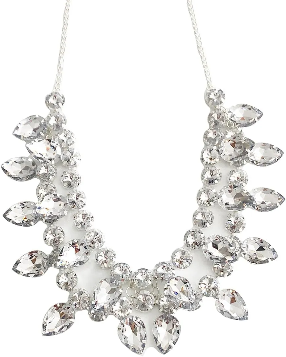 Secret for Longevity Silver Tone Antique Vintage Retro Art Deco Style Flapper Diamond Rhinestone Chunky Statement Wedding Bridal Prom Necklace