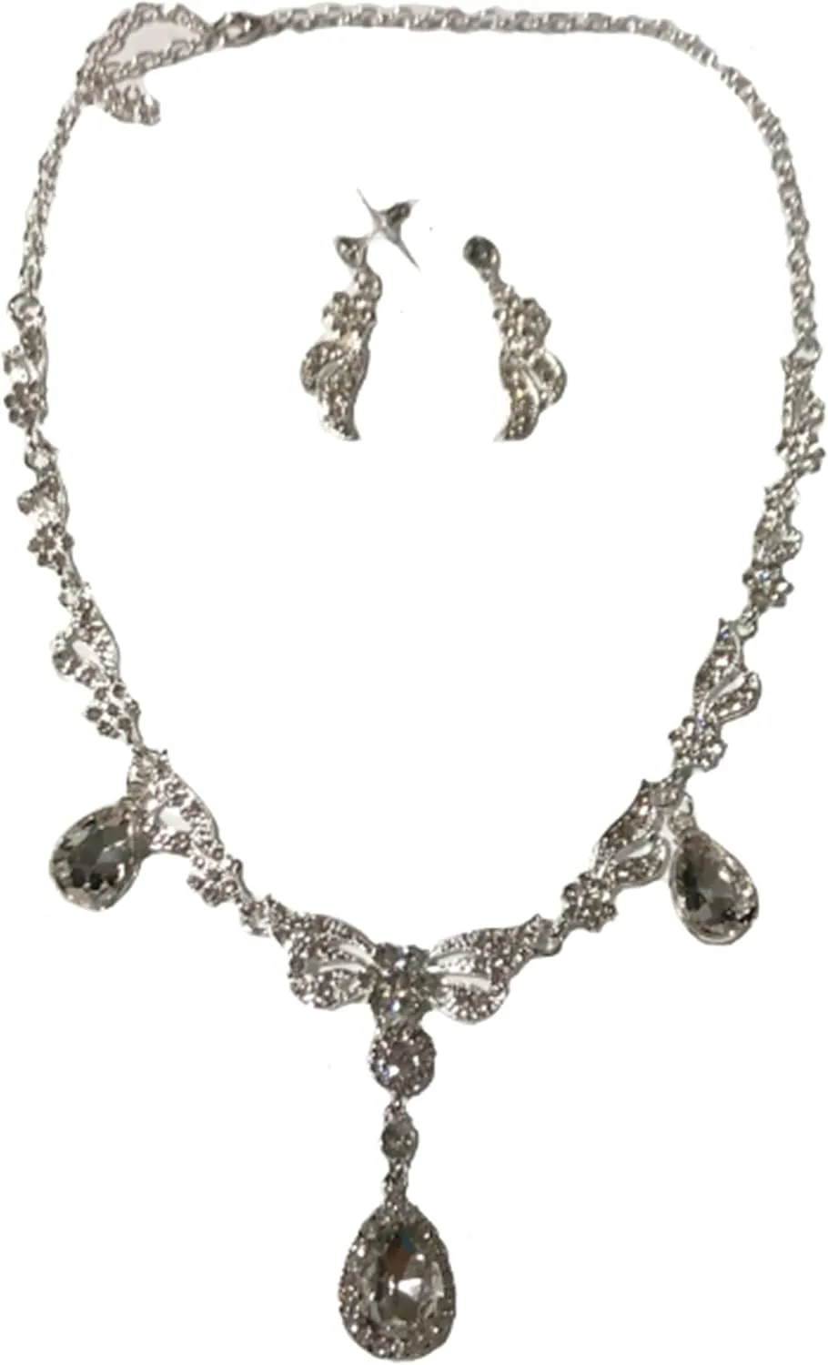 Secret for Longevity Silver Tone Antique Vintage Retro Art Deco Style Flapper Gatsby Rhinestone Statement Wedding Bridal Prom Necklace Earring Set