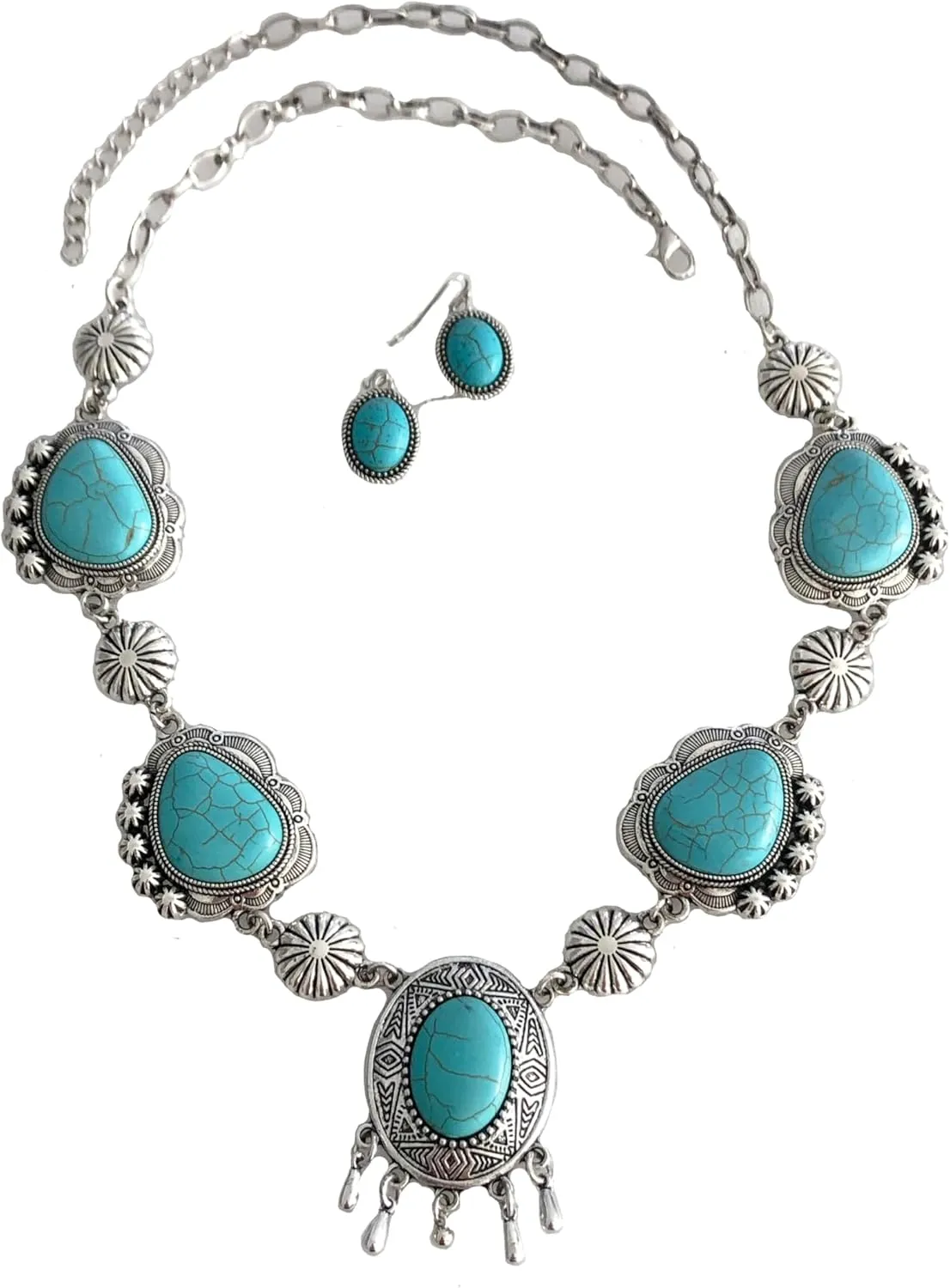 Secret for Longevity Silver Tone Western Bohemian Aqua Turquoise Navajo Vintage Style Resin Acrylic Stones Statement Necklace inches Earrings Set