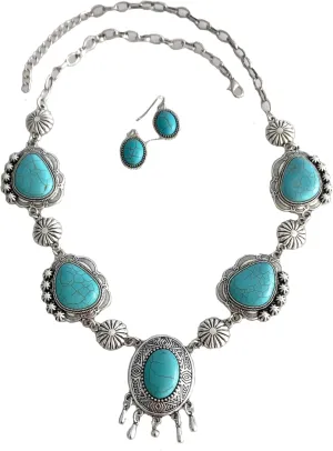 Secret for Longevity Silver Tone Western Bohemian Aqua Turquoise Navajo Vintage Style Resin Acrylic Stones Statement Necklace inches Earrings Set