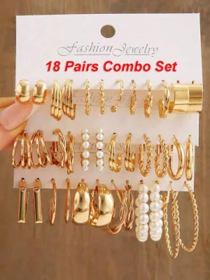 Set Of 18 Gold-Plated Beaded Contemporary Hoop Earrings
