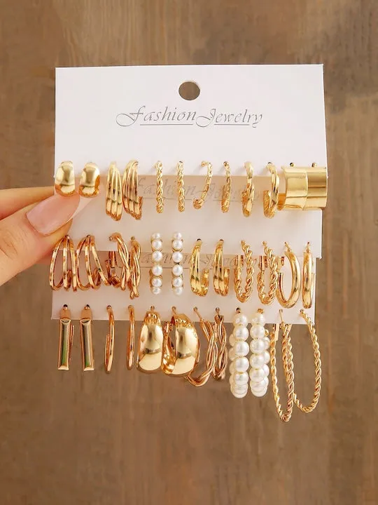 Set Of 18 Gold-Plated Beaded Contemporary Hoop Earrings
