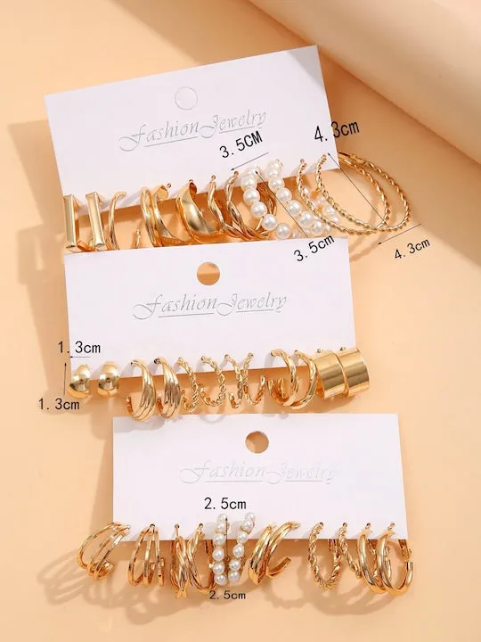 Set Of 18 Gold-Plated Beaded Contemporary Hoop Earrings