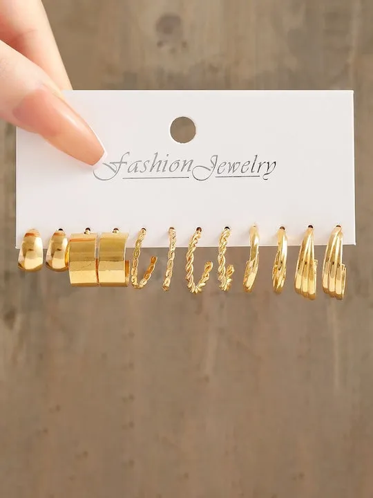 Set Of 18 Gold-Plated Beaded Contemporary Hoop Earrings
