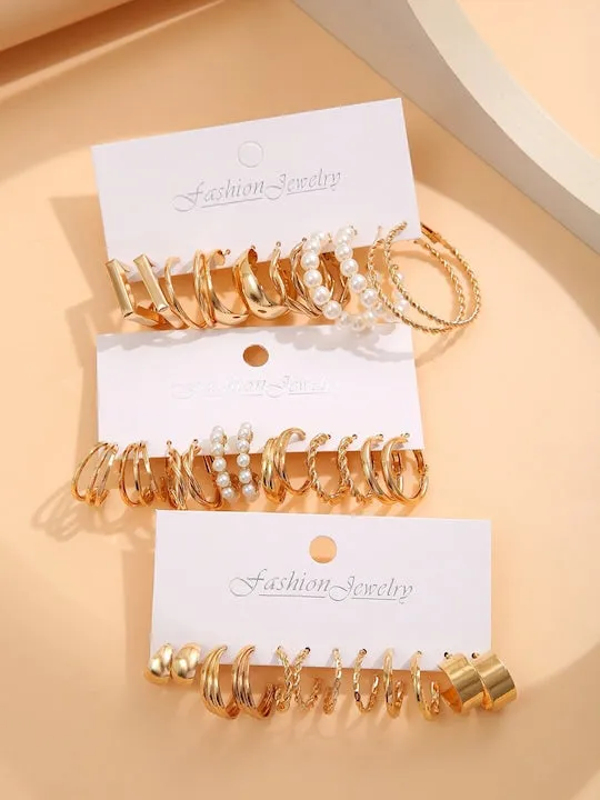 Set Of 18 Gold-Plated Beaded Contemporary Hoop Earrings