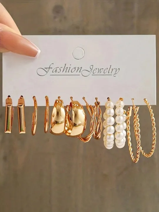 Set Of 18 Gold-Plated Beaded Contemporary Hoop Earrings