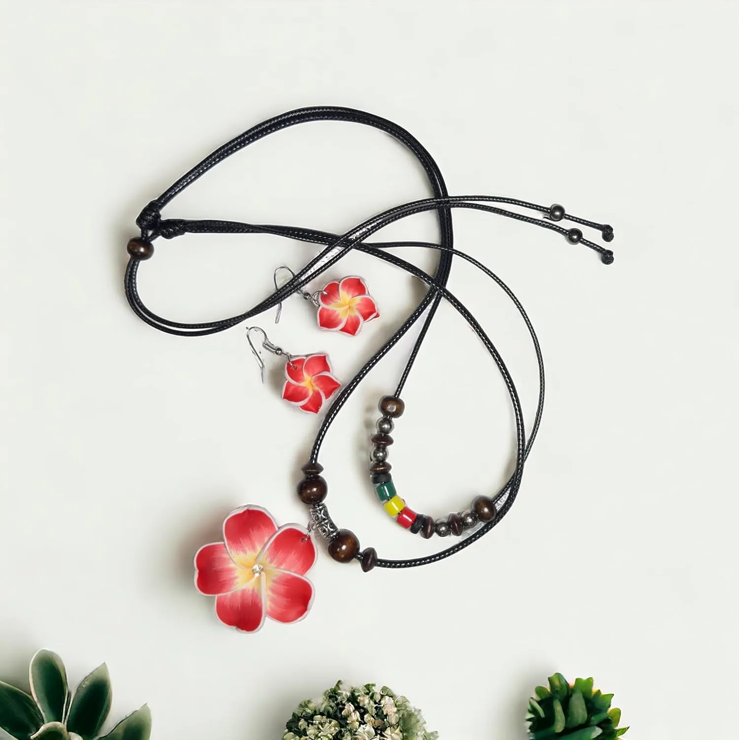 Sets Hawaii Theme Hawaiian Flower Necklace Girl for Women Hawaii Jewelry Hawaiian Earrings Hawaii Plumeria Flowers Jewelry Fashion Flower Necklace Earrings (Red200)