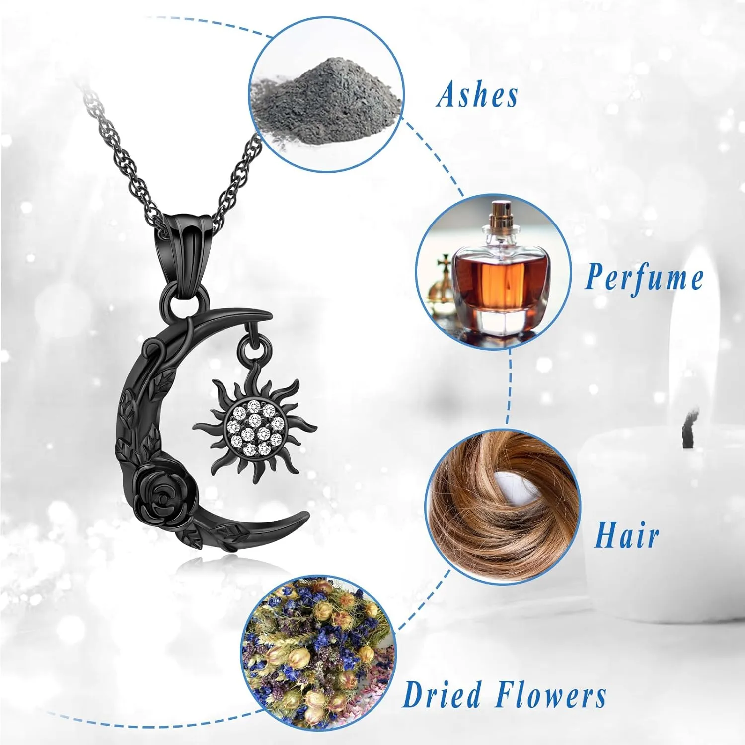 shajwo Cremation Jewelry Crescent Moon and Sun Rose Urn Necklaces for Ashes for Women Men Memorial Human Ashes Pendant