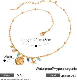 Shell Charm Necklace for Women, 18k Gold Plated Seashell Pendant Bead Chain Necklaces, Dainty Ocean Costal Aesthetic Natural Amazonite Zirconia Assesories, Womens Non Tarnish Waterproof Hawaiian Beach Surfer Jewelry Gifts