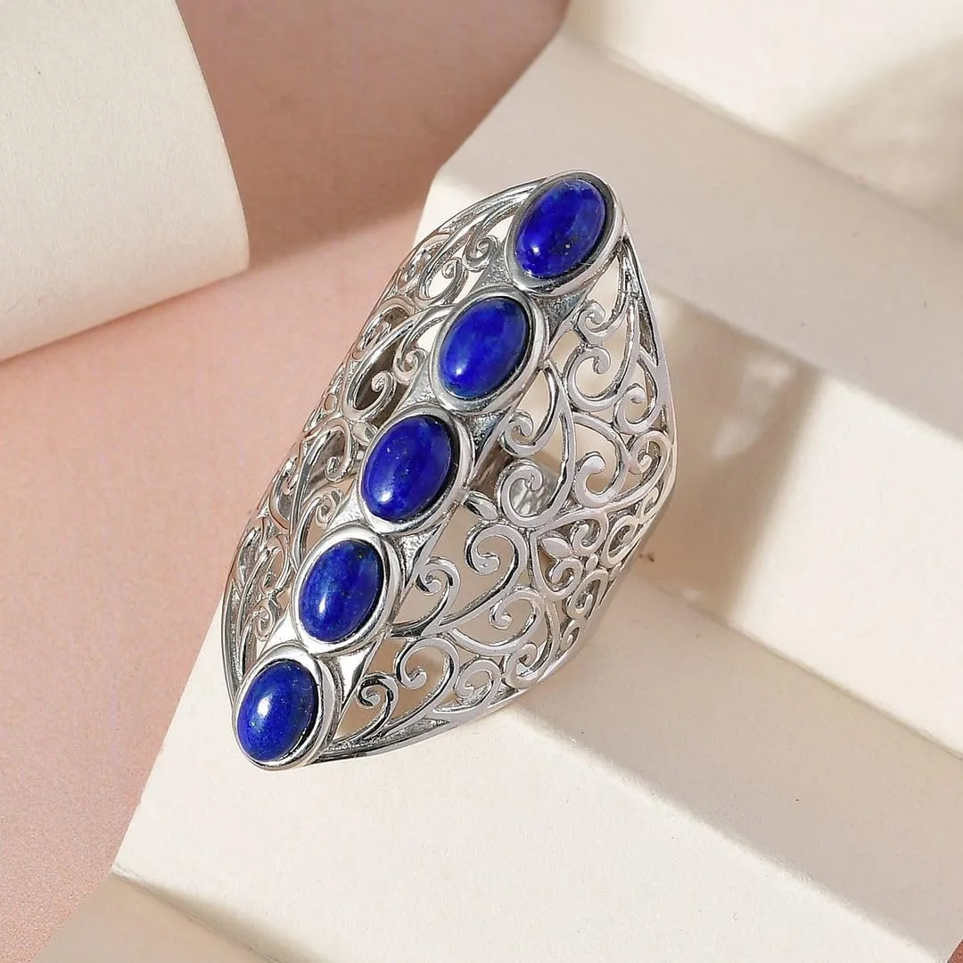 Shop LC Platinum Plated 5 Stone Lapis Lazuli Ring for Women Openwork Statement Jewelry Birthday Gifts for Women