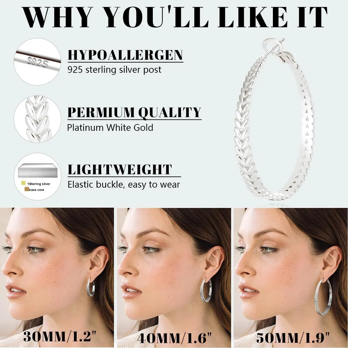 Silver Hoop Earrings for Women Hypoallergenic 925 Sterling Silver Post Hoop Earrings Lightweight Thick Large Silver Hoop Earrings 30/40/50MM