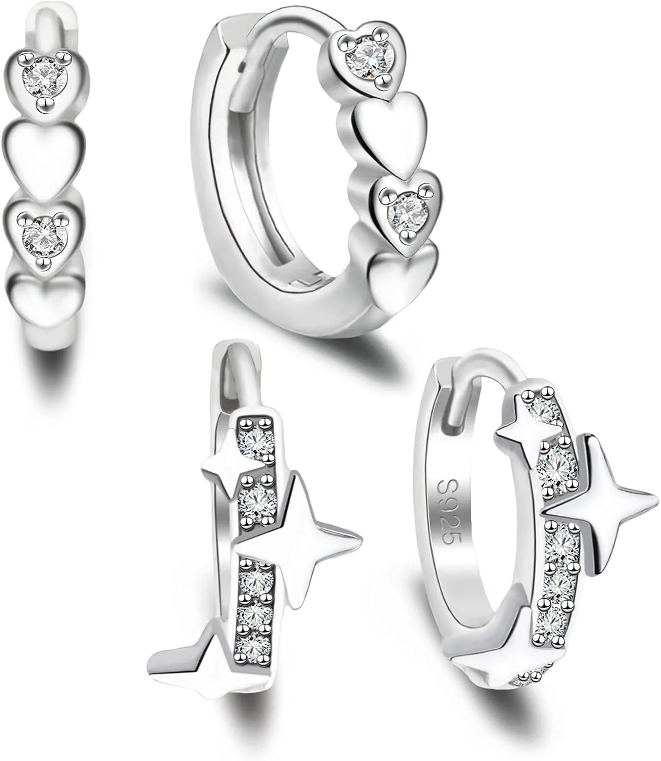 Silver Hoop Earrings Set for Women Sterlings Silver Hypoallergenic Star Earrings Heart Hoop Earrings Danity Cubic Zirconia Cartilage Huggie Hoop Earrings Set for Her Gifts for Birthday Christmas