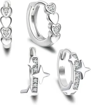 Silver Hoop Earrings Set for Women Sterlings Silver Hypoallergenic Star Earrings Heart Hoop Earrings Danity Cubic Zirconia Cartilage Huggie Hoop Earrings Set for Her Gifts for Birthday Christmas