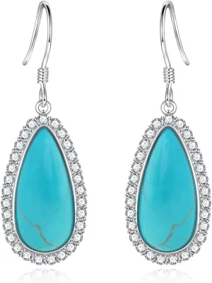 Silver Teardrop Turquoise Dangle Earrings for Women Hypoallergenic Boho Dangling Cubic Zirconia Teardrop Turquoise Earring Western Jewelry