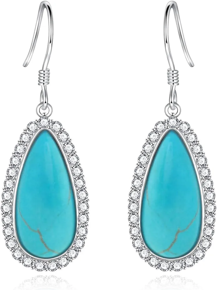 Silver Teardrop Turquoise Dangle Earrings for Women Hypoallergenic Boho Dangling Cubic Zirconia Teardrop Turquoise Earring Western Jewelry