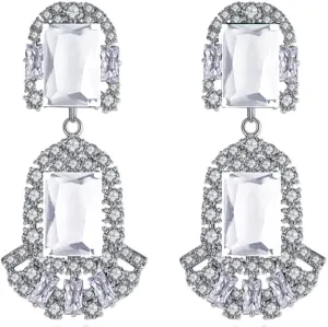 Silver Tone Antique Vintage Retro Flapper Style Art Deco Gatsby Emerald Cut Clear Zircon Rhinestone Wedding Bridal Earrings