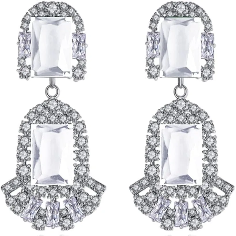 Silver Tone Antique Vintage Retro Flapper Style Art Deco Gatsby Emerald Cut Clear Zircon Rhinestone Wedding Bridal Earrings