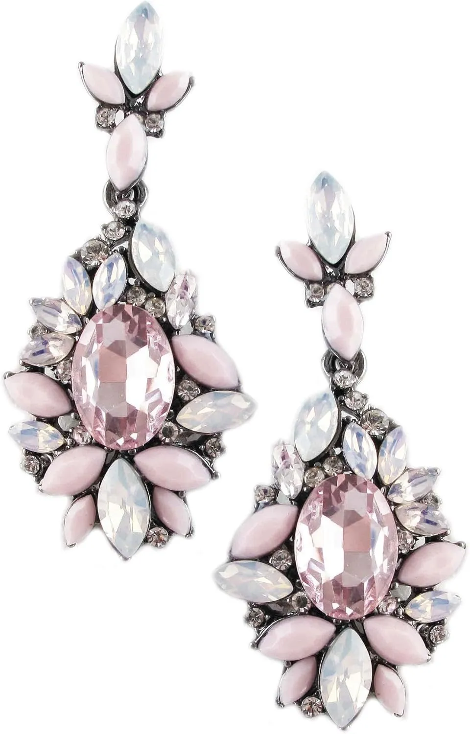 Silver Tone Antique Vintage Retro Style Pink Rhinestone Dangle Cluster Earrings