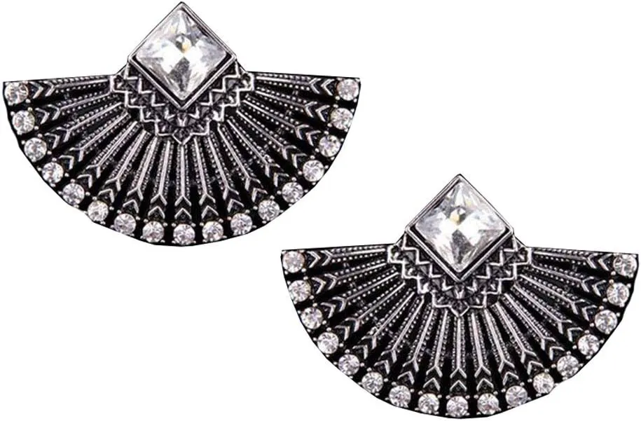 Silver Tone Imitation Diamond Art Deco Antique Vintage Style Flapper Fan Rhinestone Wedding Bridal Prom Statement Earrings