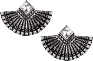 Silver Tone Imitation Diamond Art Deco Antique Vintage Style Flapper Fan Rhinestone Wedding Bridal Prom Statement Earrings