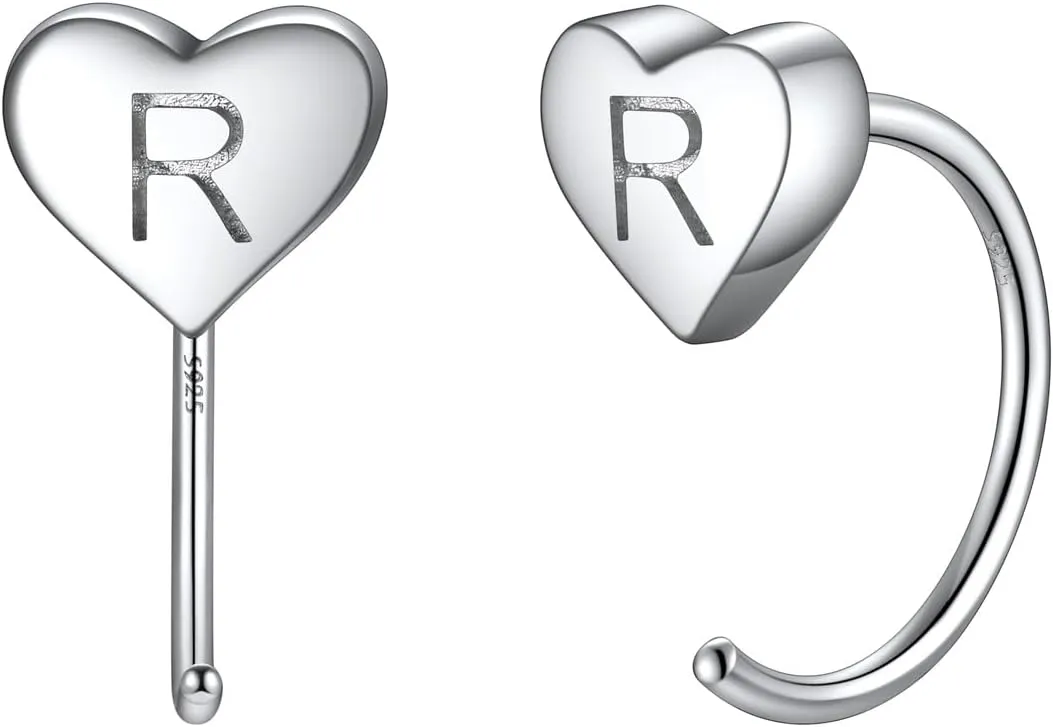 Silvora S925 Silver Half Hoop Earrings for Women Heart Initial Earrings - A-Z 26 Alphabet 7mm Wide Minimalist Huggie Earrings