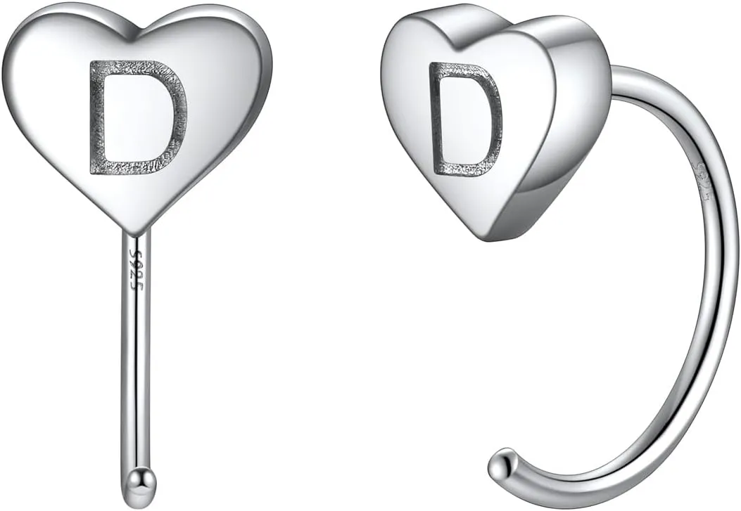 Silvora S925 Silver Half Hoop Earrings for Women Heart Initial Earrings - A-Z 26 Alphabet 7mm Wide Minimalist Huggie Earrings