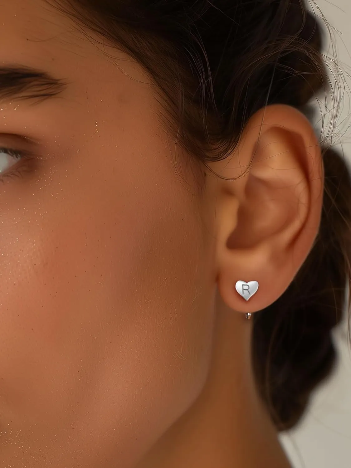 Silvora S925 Silver Half Hoop Earrings for Women Heart Initial Earrings - A-Z 26 Alphabet 7mm Wide Minimalist Huggie Earrings
