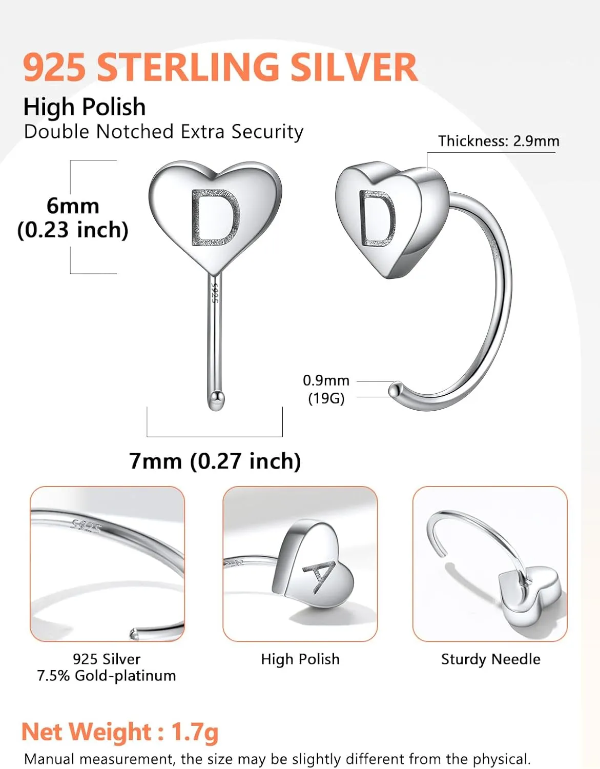 Silvora S925 Silver Half Hoop Earrings for Women Heart Initial Earrings - A-Z 26 Alphabet 7mm Wide Minimalist Huggie Earrings