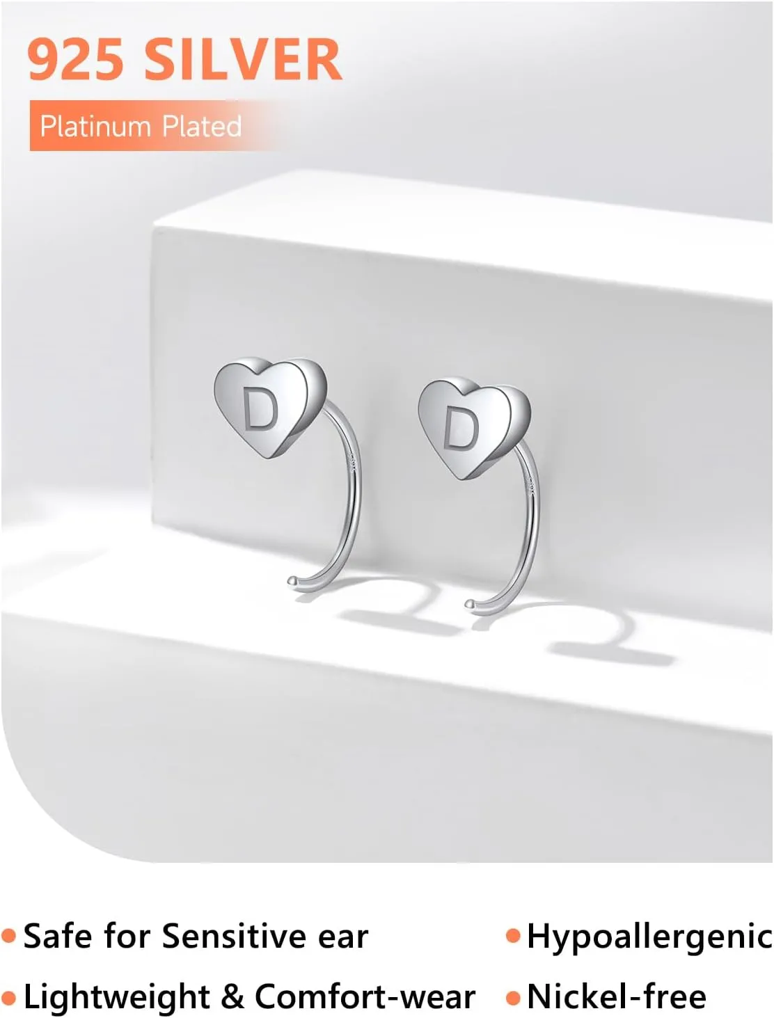 Silvora S925 Silver Half Hoop Earrings for Women Heart Initial Earrings - A-Z 26 Alphabet 7mm Wide Minimalist Huggie Earrings