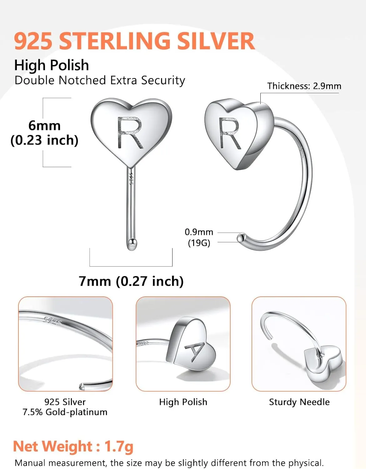 Silvora S925 Silver Half Hoop Earrings for Women Heart Initial Earrings - A-Z 26 Alphabet 7mm Wide Minimalist Huggie Earrings