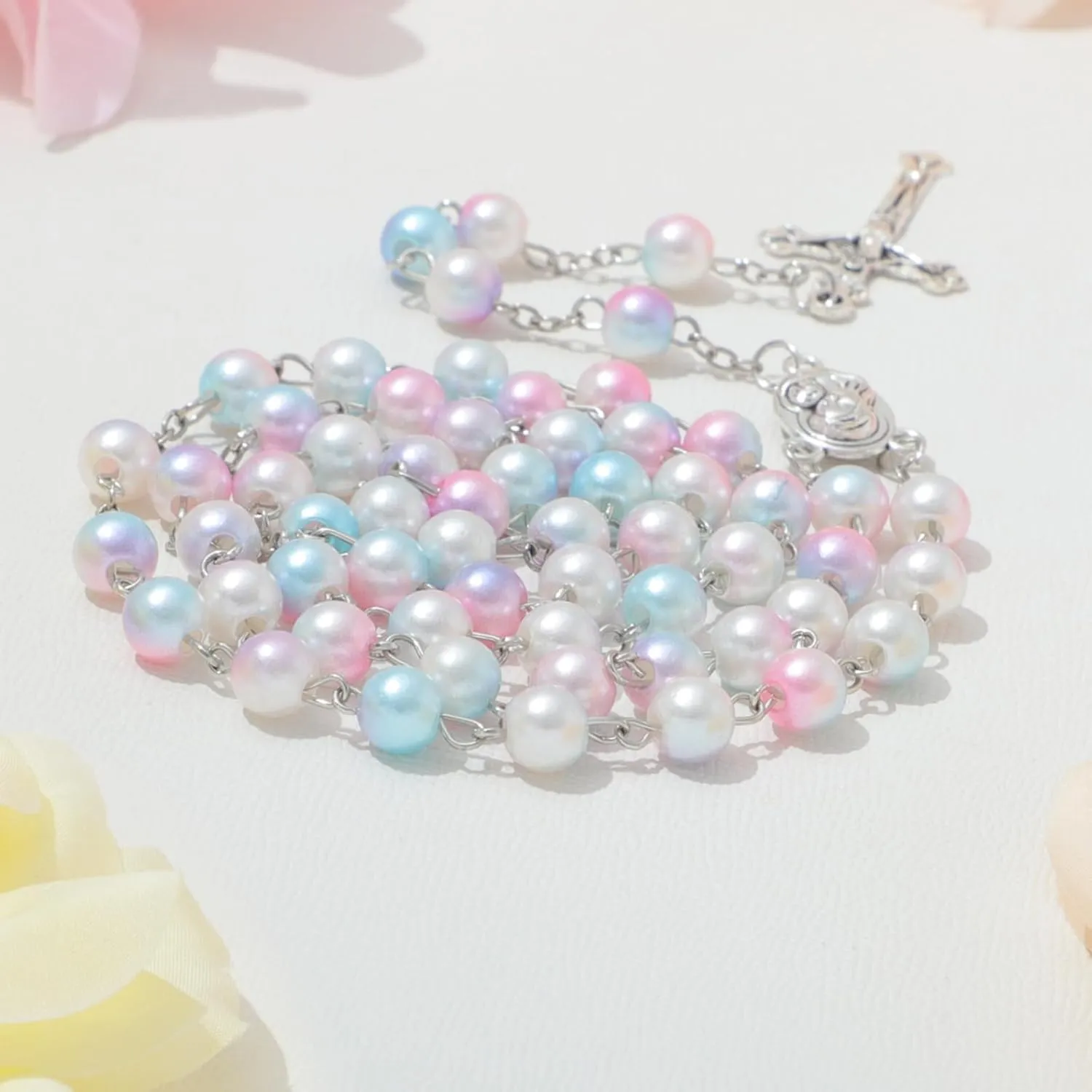 Simulated Pearl Rosary Necklace with Crucifix Pendant, Long Beaded Chain with Silver Plated Metal Cross Pendant for Women
