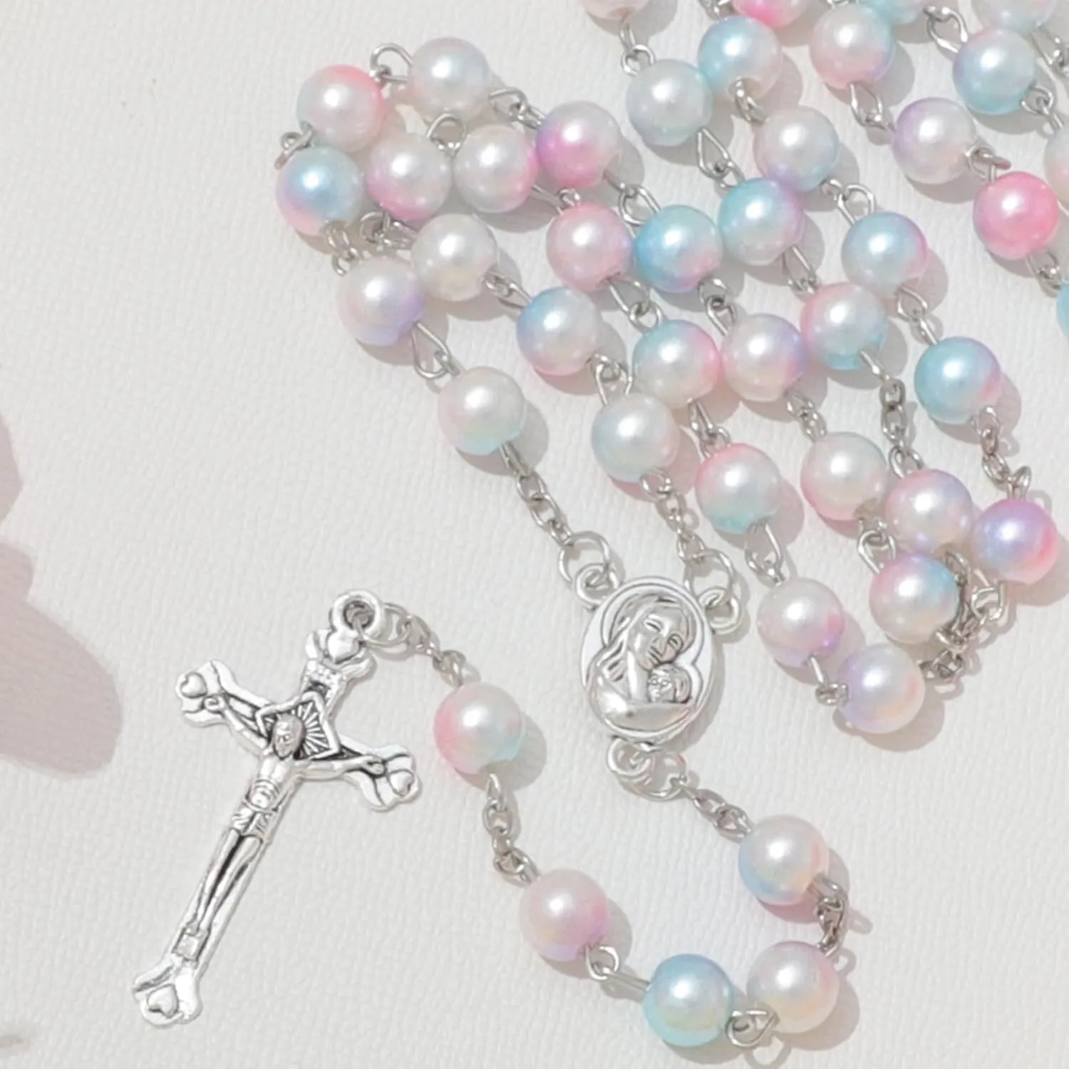 Simulated Pearl Rosary Necklace with Crucifix Pendant, Long Beaded Chain with Silver Plated Metal Cross Pendant for Women