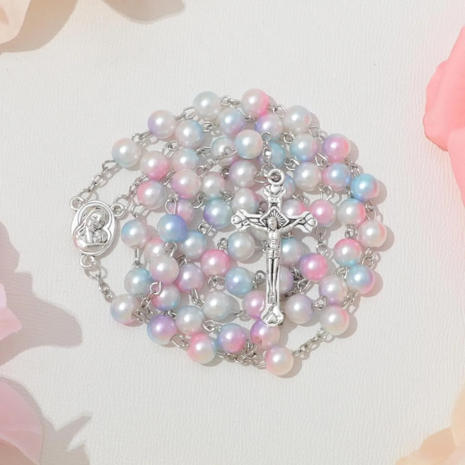 Simulated Pearl Rosary Necklace with Crucifix Pendant, Long Beaded Chain with Silver Plated Metal Cross Pendant for Women