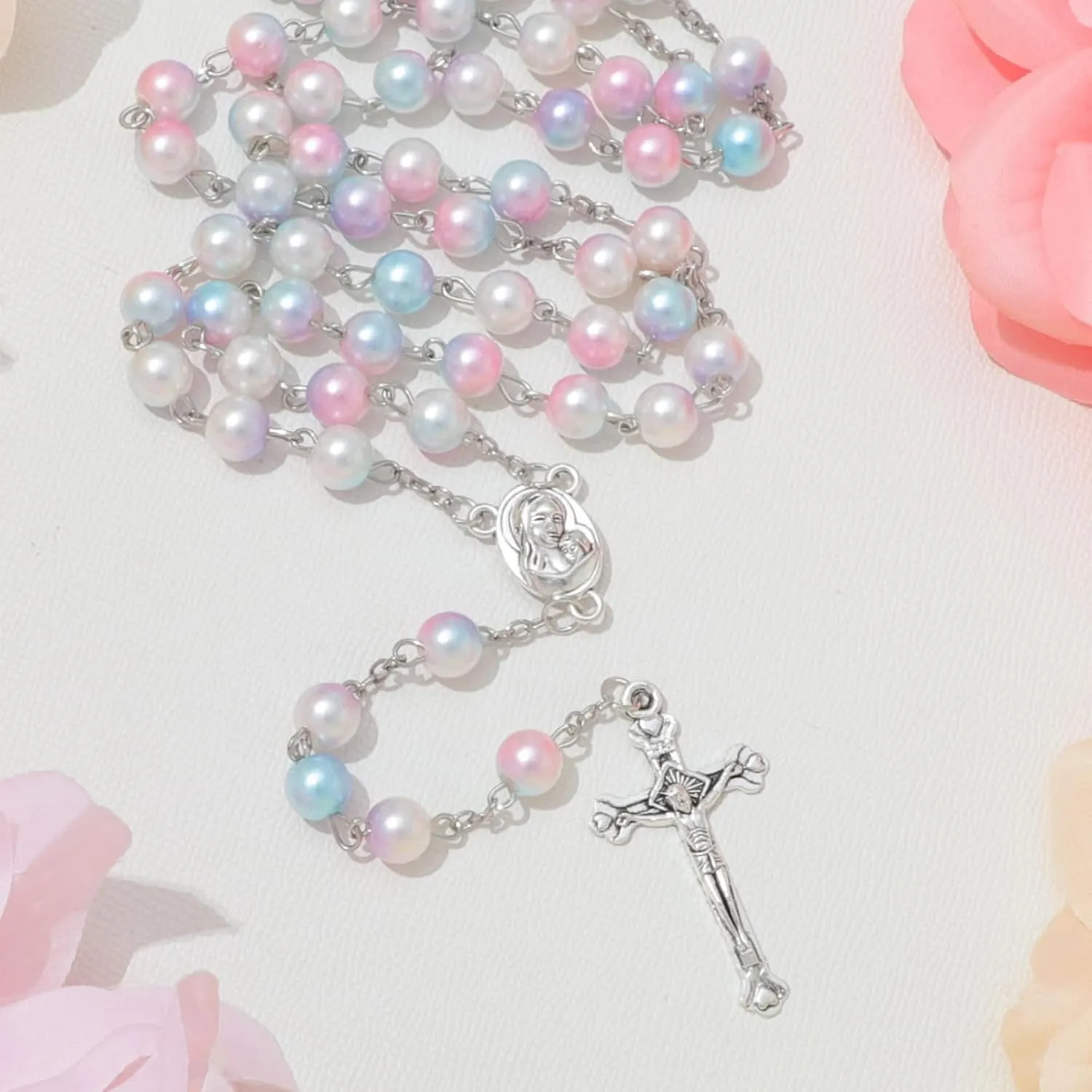 Simulated Pearl Rosary Necklace with Crucifix Pendant, Long Beaded Chain with Silver Plated Metal Cross Pendant for Women