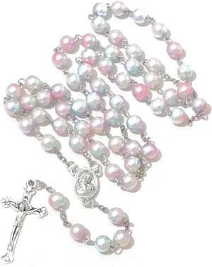 Simulated Pearl Rosary Necklace with Crucifix Pendant, Long Beaded Chain with Silver Plated Metal Cross Pendant for Women
