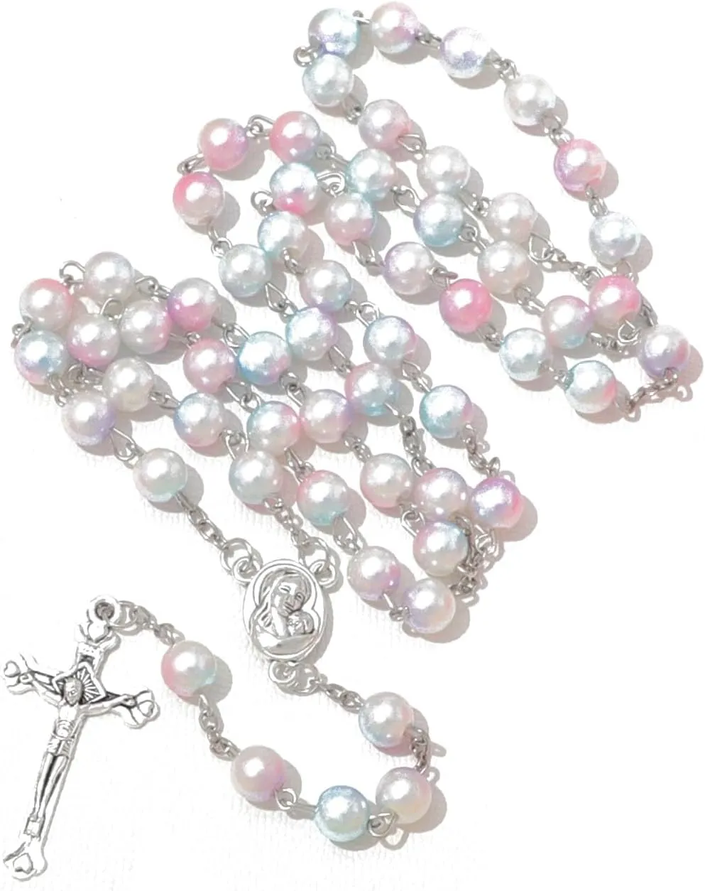 Simulated Pearl Rosary Necklace with Crucifix Pendant, Long Beaded Chain with Silver Plated Metal Cross Pendant for Women