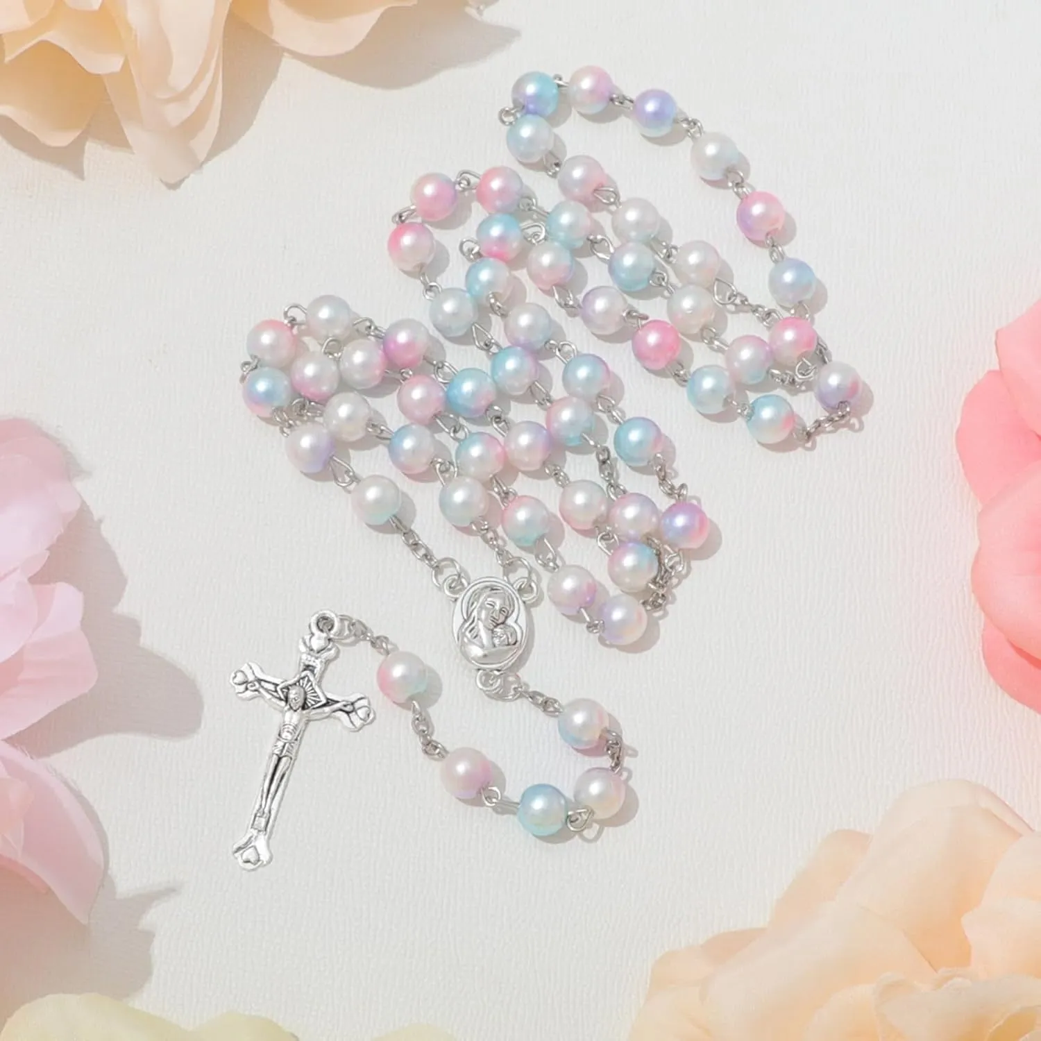 Simulated Pearl Rosary Necklace with Crucifix Pendant, Long Beaded Chain with Silver Plated Metal Cross Pendant for Women
