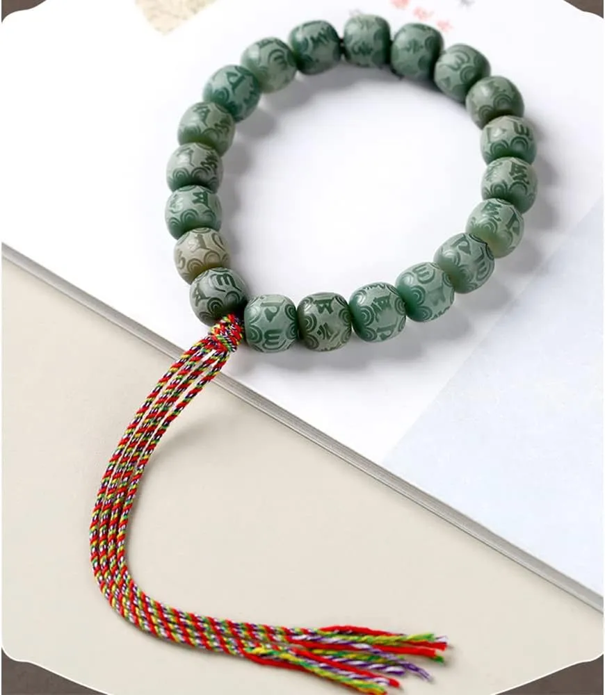 Six Character Mantra Bodhi Root Beads Bracelets, Exquisite Buddhist Hand-Holding Rosary for Meditation Mala Chanting 11 * 12Mm