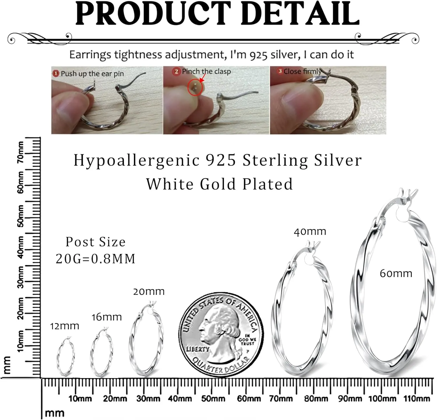 Sllaiss 925 Sterling Silver Twisted Hoop Earrings for Women White Gold Plated Small Hoop Earrings Lightweight Huggie Hinged Hoop Earring 12MM-60MM