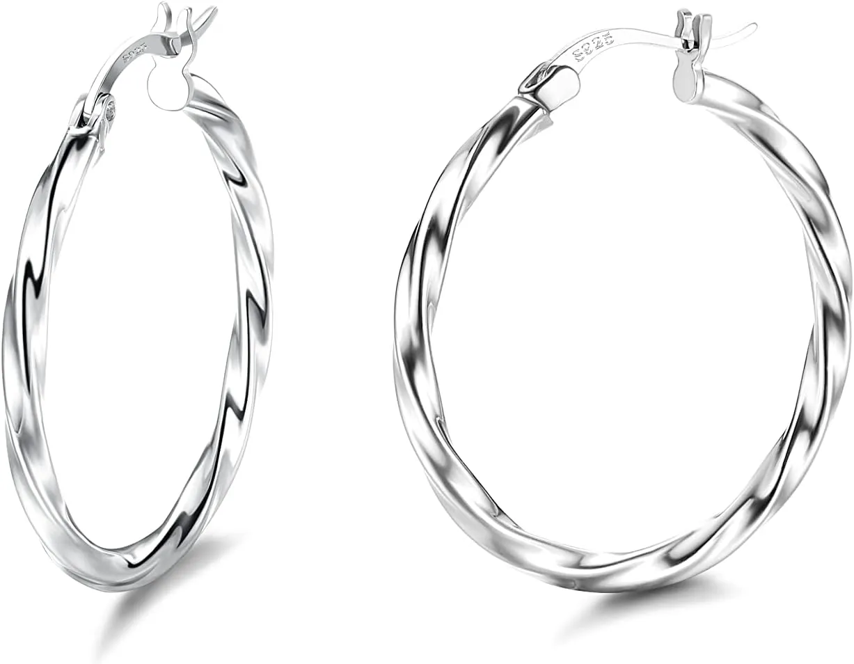 Sllaiss 925 Sterling Silver Twisted Hoop Earrings for Women White Gold Plated Small Hoop Earrings Lightweight Huggie Hinged Hoop Earring 12MM-60MM