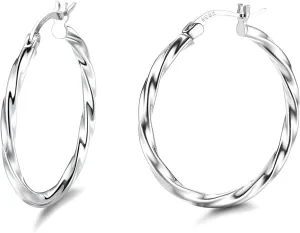 Sllaiss 925 Sterling Silver Twisted Hoop Earrings for Women White Gold Plated Small Hoop Earrings Lightweight Huggie Hinged Hoop Earring 12MM-60MM