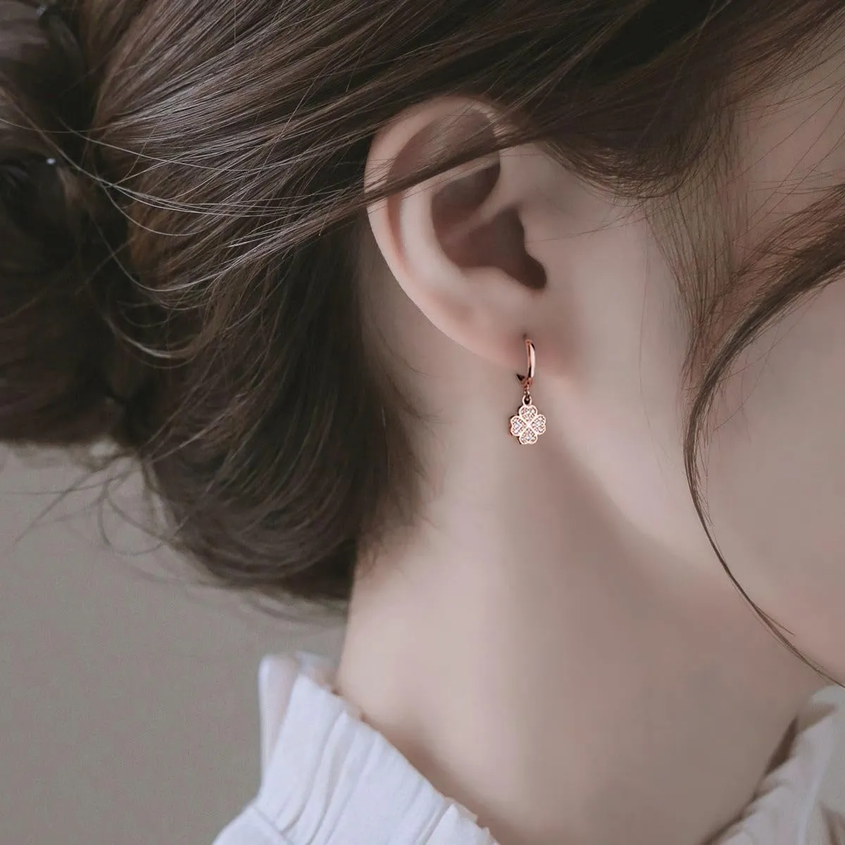 SLUYNZ 925 Sterling Silver CZ Clover Hoop Earrings Dangle for Women Teens Lucky Clover Leaf Huggie Earrings Flower Drop