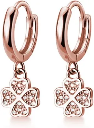 SLUYNZ 925 Sterling Silver CZ Clover Hoop Earrings Dangle for Women Teens Lucky Clover Leaf Huggie Earrings Flower Drop