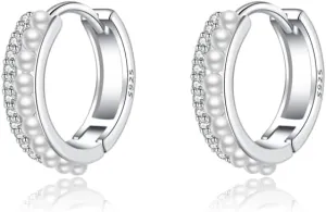 SLUYNZ Sterling Silver Small Pearls Huggie Earrings - Women Teens CZ Pearls Hoop Earrings for Wedding & Bridal Occasions