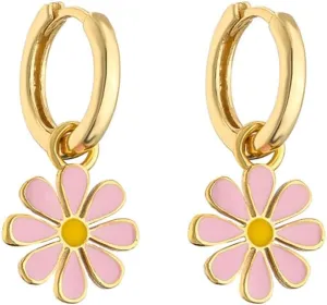 Small Hoop With Daisy Flower Charm Earrings for Women Girls Cartilage Gold Plated Hypoallergenic Nickel Free Dainty Cute Lucky Flowers Short Dangle Drop Piercing Hinged Huggie Hoops Fashion Jewelry