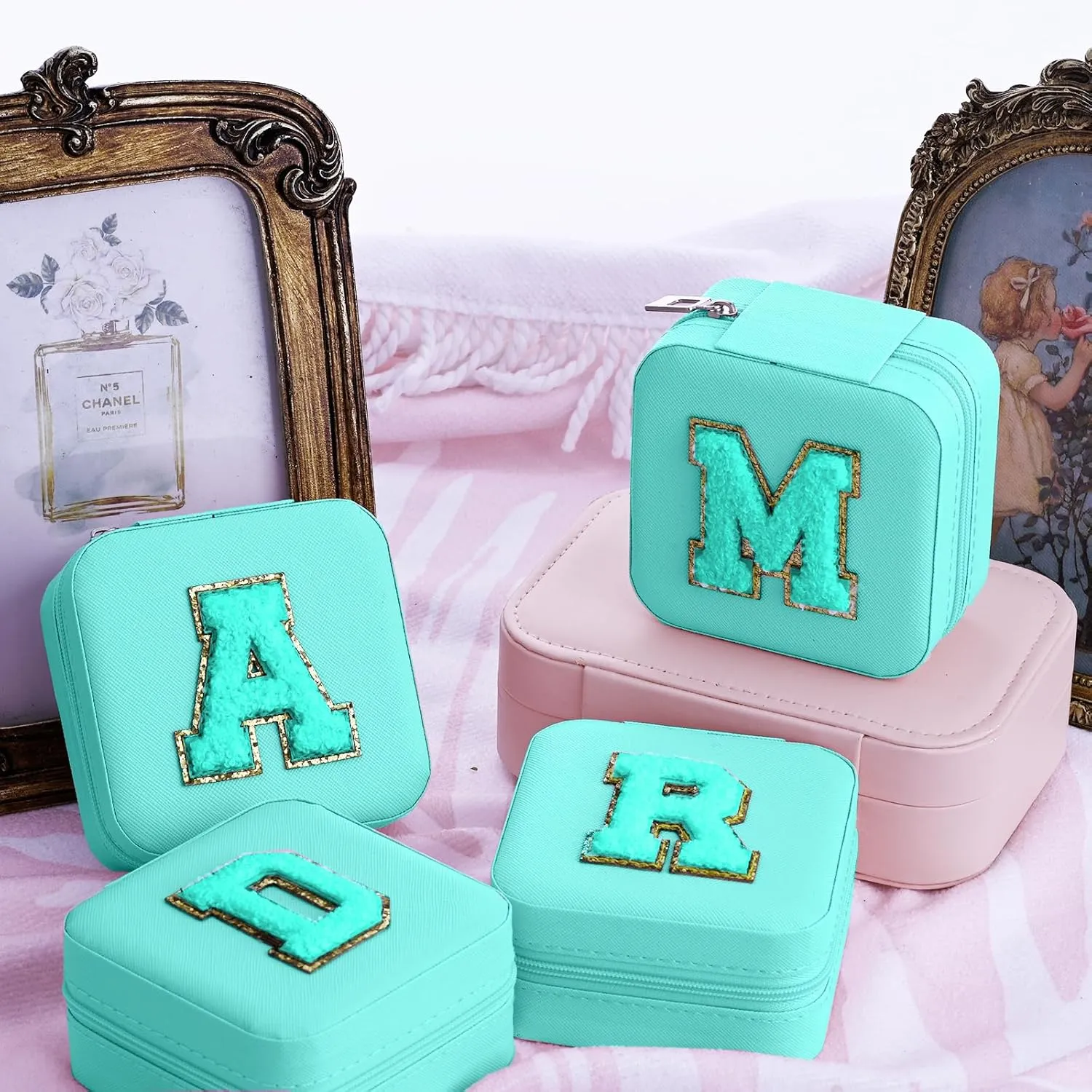 Small Jewelry Box for Girls, C Initial Travel Jewelry Case, Portable Ring Earring Holder Organizer Box with Mirror,Birthday Gifts for Women Teen Girl