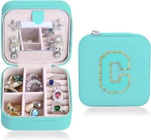 Small Jewelry Box for Girls, C Initial Travel Jewelry Case, Portable Ring Earring Holder Organizer Box with Mirror,Birthday Gifts for Women Teen Girl