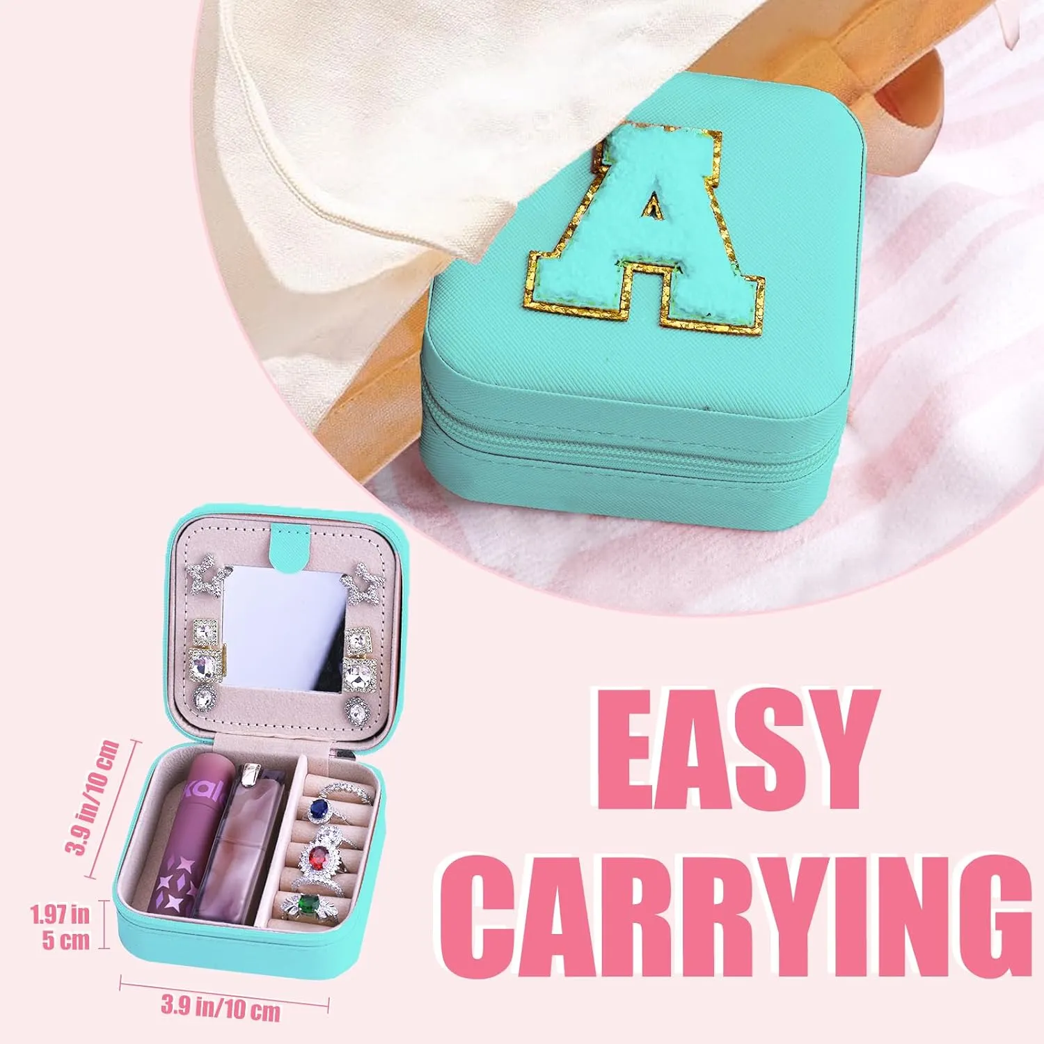 Small Jewelry Box for Girls, C Initial Travel Jewelry Case, Portable Ring Earring Holder Organizer Box with Mirror,Birthday Gifts for Women Teen Girl
