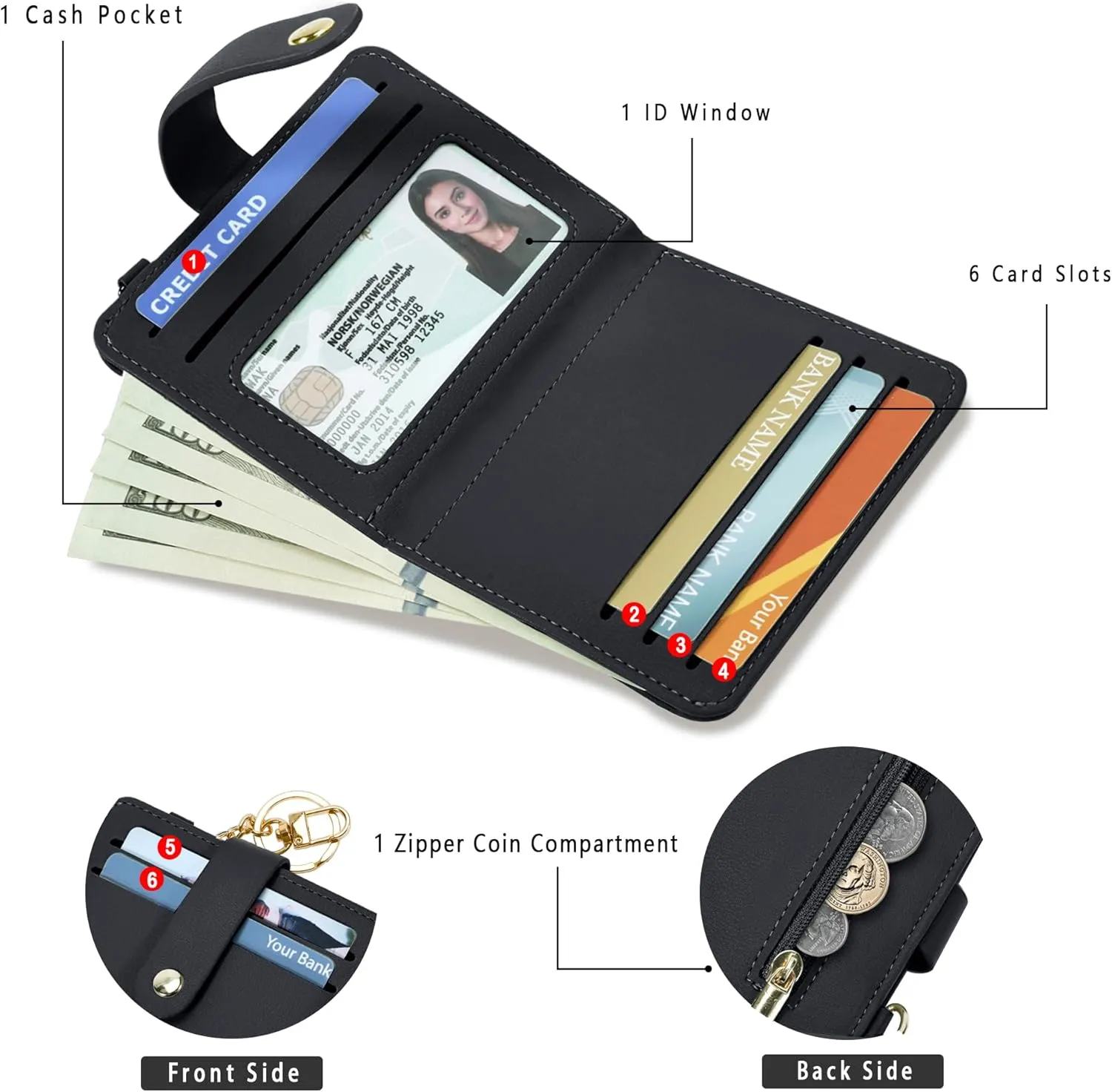 Small Wallets Woman RFID Blocking Leather Credit Card Holder - with ID Window - Card Wallets for Women - with Zipper Coin Purse - Keychain Wallet