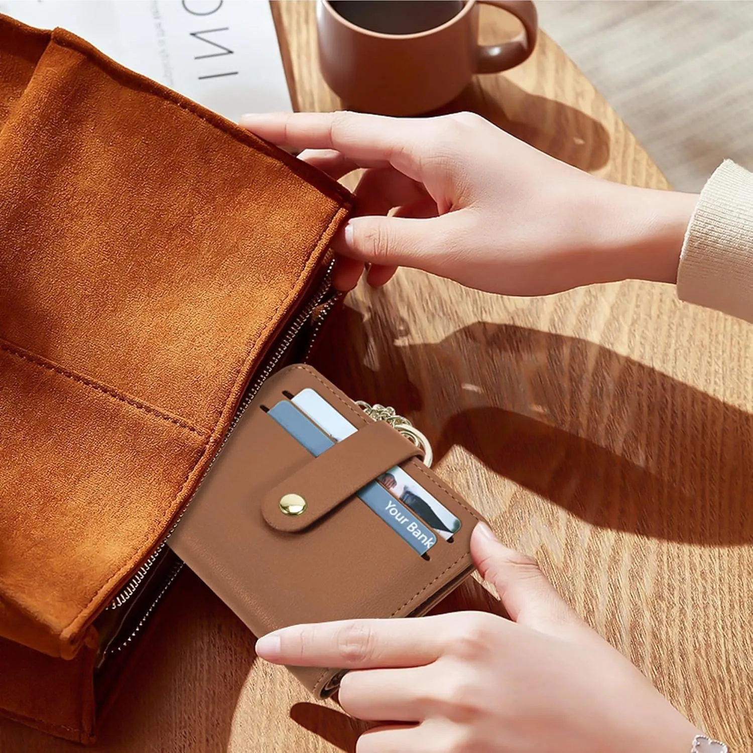 Small Wallets Woman RFID Blocking Leather Credit Card Holder - with ID Window - Card Wallets for Women - with Zipper Coin Purse - Keychain Wallet